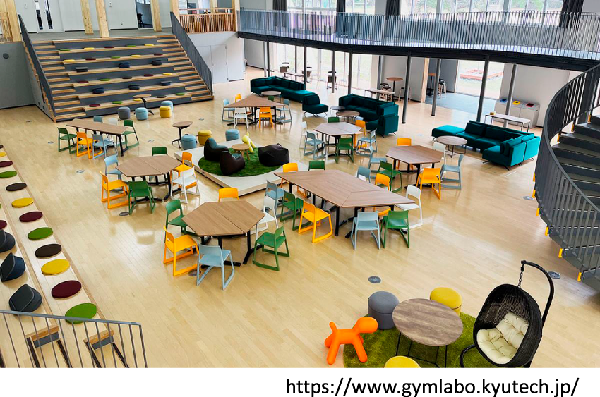 GYMLABOの館内。木の床と梁の下にテーブル、奥に青い構造物が見える。