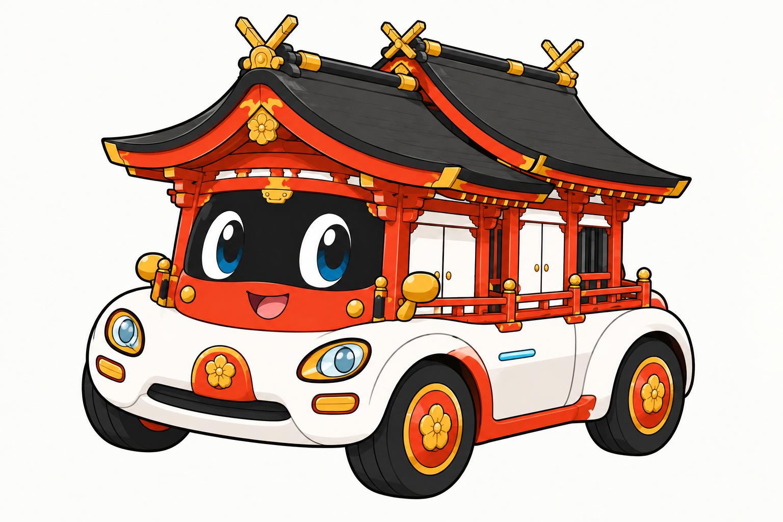 うさぐうライド：宇佐神宮の社殿とコンパクトな電気自動車