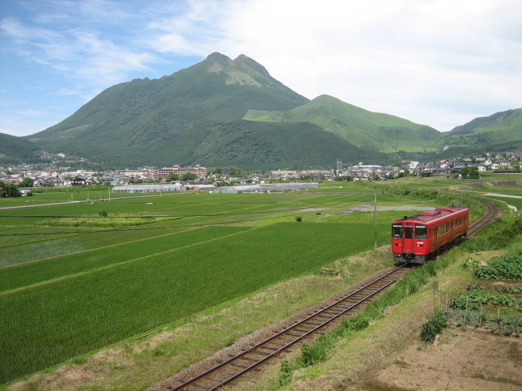 由布岳を背景に走る列車