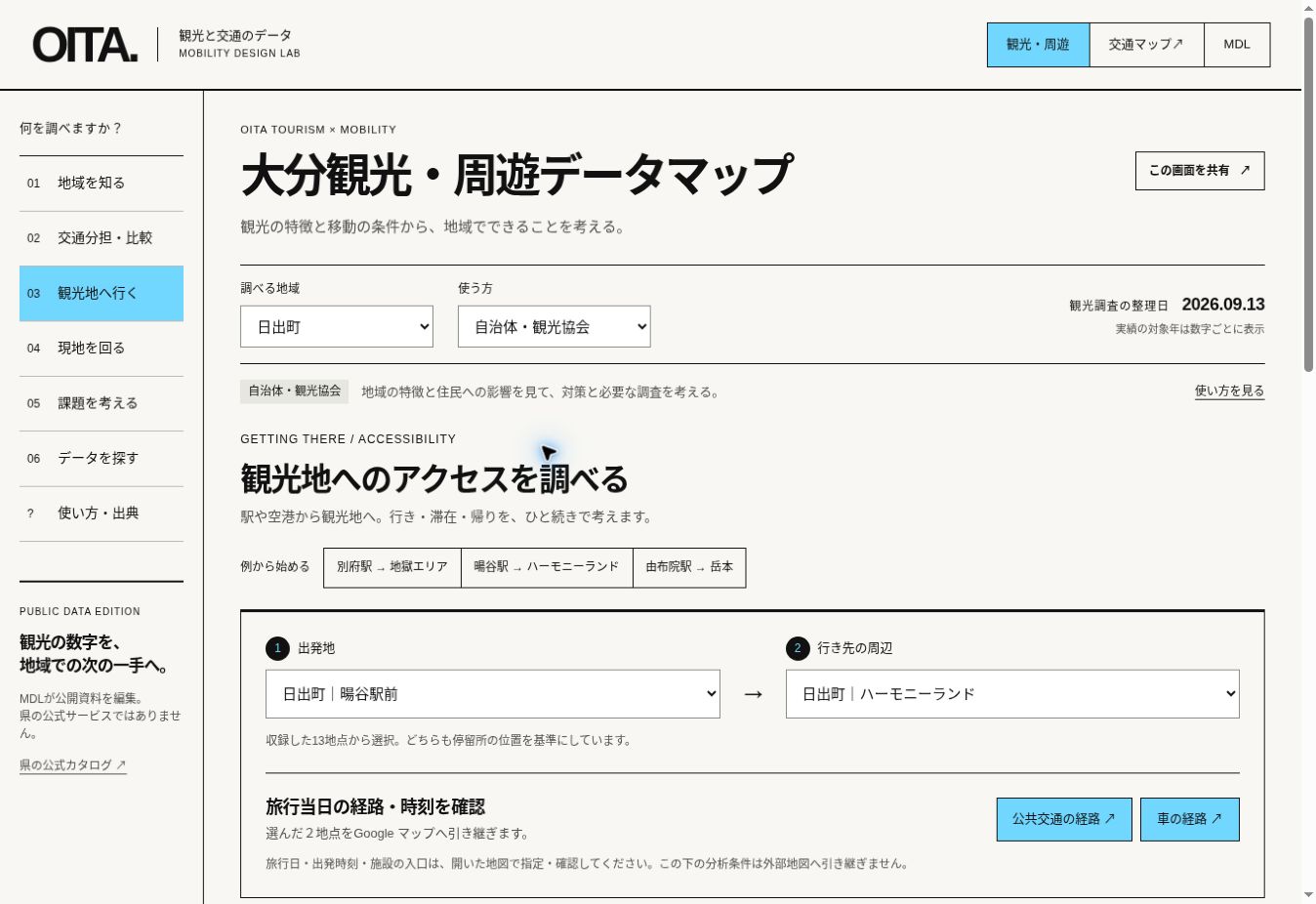 観光地まで、どう行く？を操作するアプリの実画面