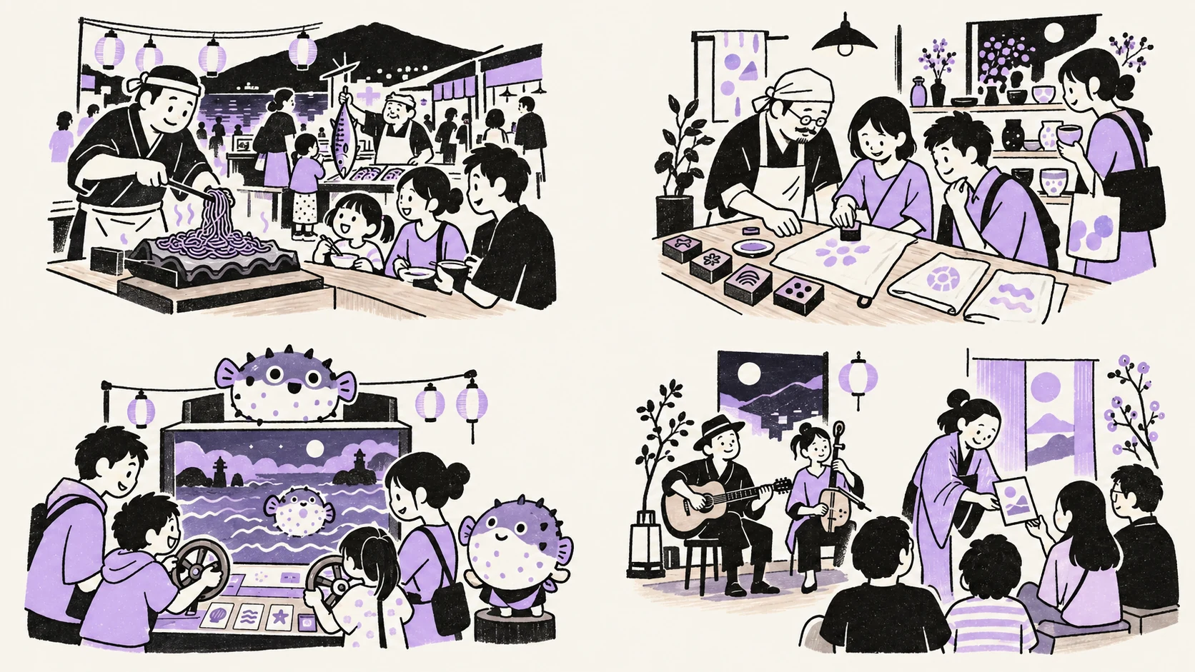 市場の料理人が海の幸を仕上げ、親子が食卓を囲む構想イラスト