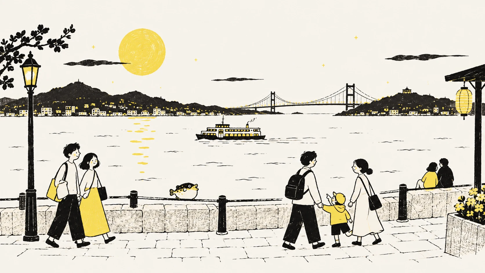 月と船を眺め、海峡の水辺を歩く親子と旅人の構想イラスト