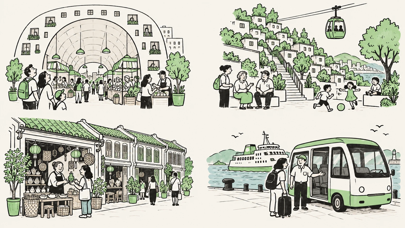 住宅を組み込んだアーチ型の市場で、買い物する人々のイラスト
