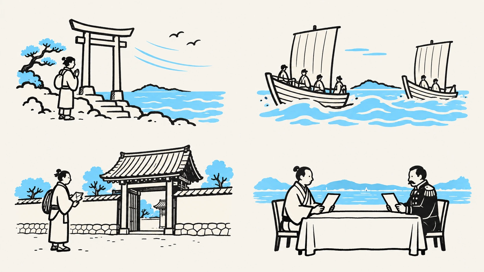 海辺の鳥居と、海を望み祈る旅人。神話・伝承を表すイラスト