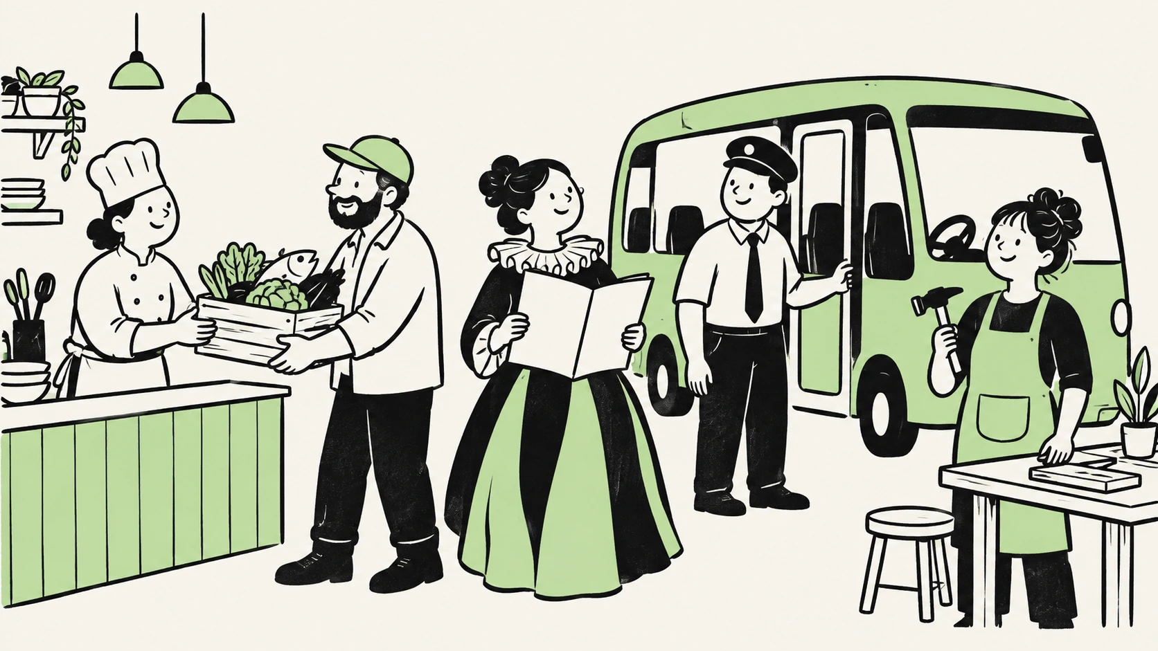 地域の料理人、仕入先、演者、運転手、職人が仕事でつながるイラスト