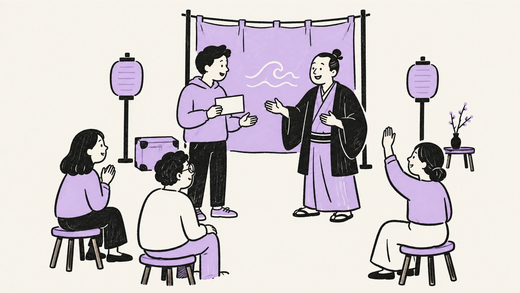 夜の劇場で、観客が物語に参加するイラスト