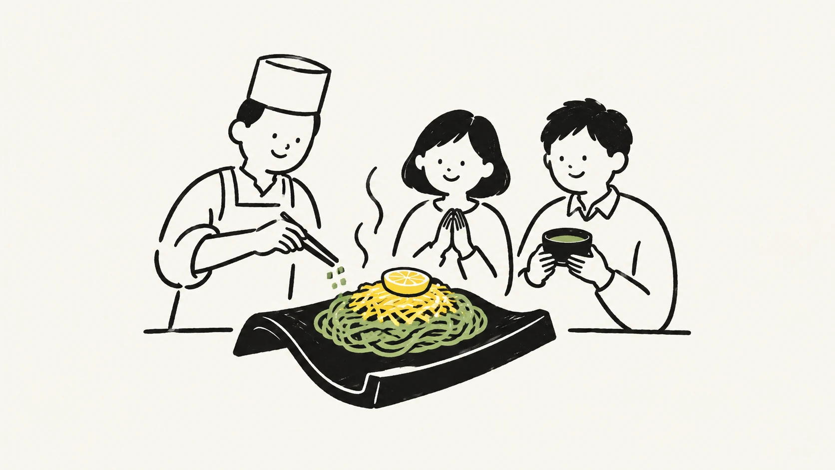 地元の料理人と食卓を囲み、下関の食を楽しむイラスト